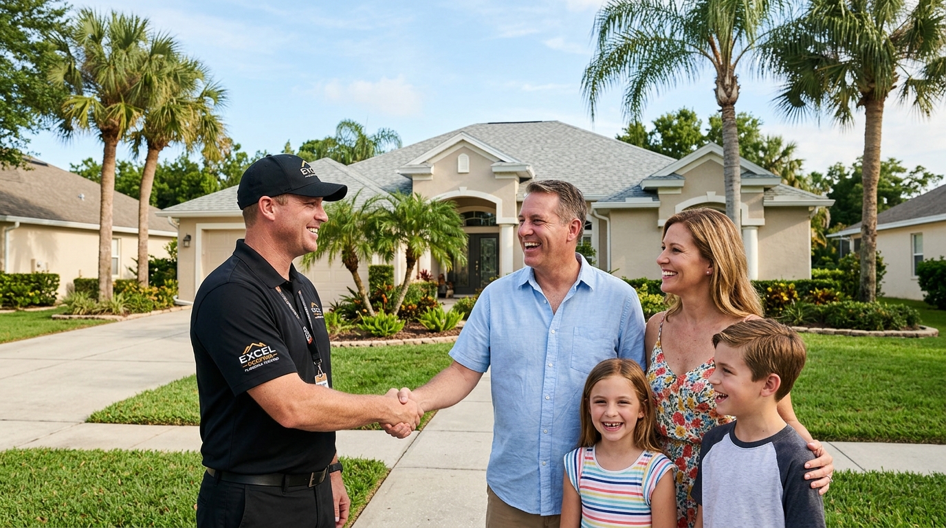 FQRS Ambassador Program - Happy homeowners with roofing contractor